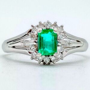 Japan Platinum 900 Emerald with Natural Diamonds Ring Size 8